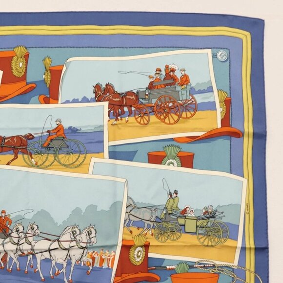 HERMES Carre 90 Scarf Silk ""Mail Coach"" Blue Auth bs30298 - Picture 3 of 9